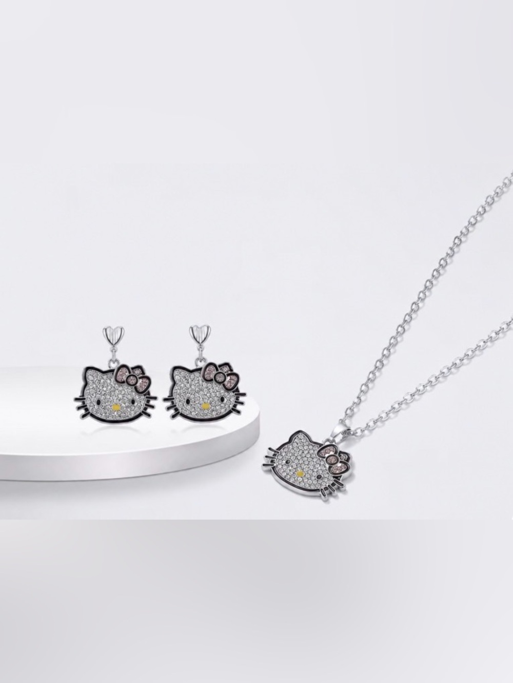 Hello Kitty Silver-Tone Crystal Pendant & Drop Earrings with Pink Bow